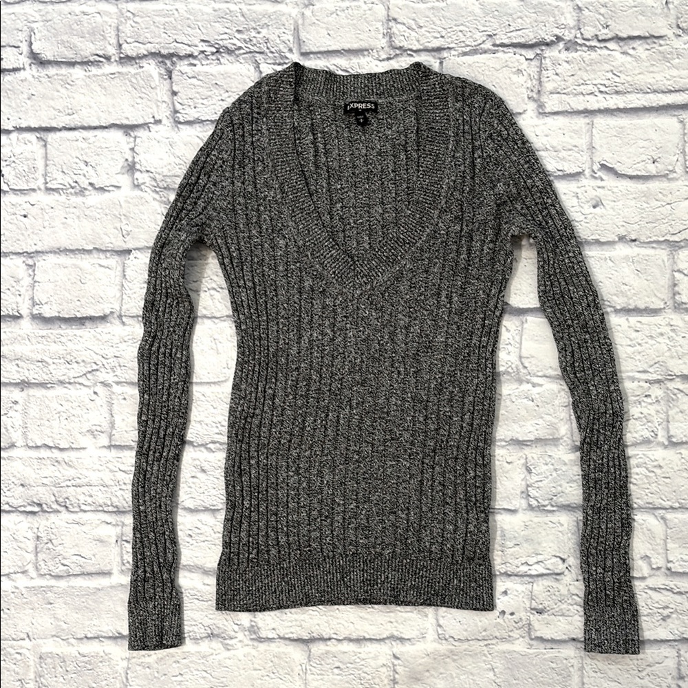 Express V-Neck Sweater Gray Stretchy Lightweight Sweater Size Small